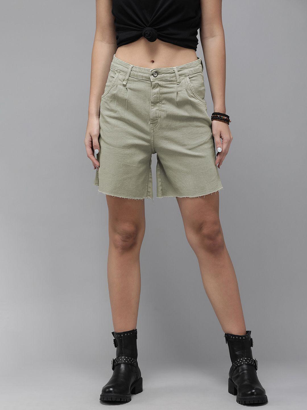 roadster women olive green loose fit high-rise shorts