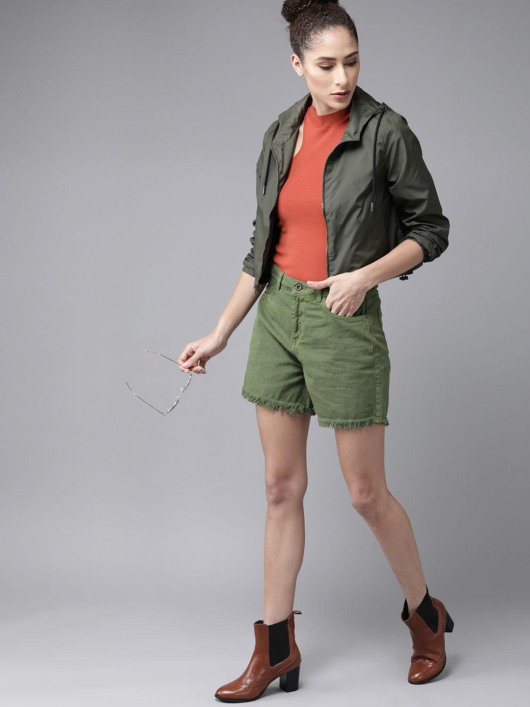 roadster women olive green loose fit mid-rise denim shorts