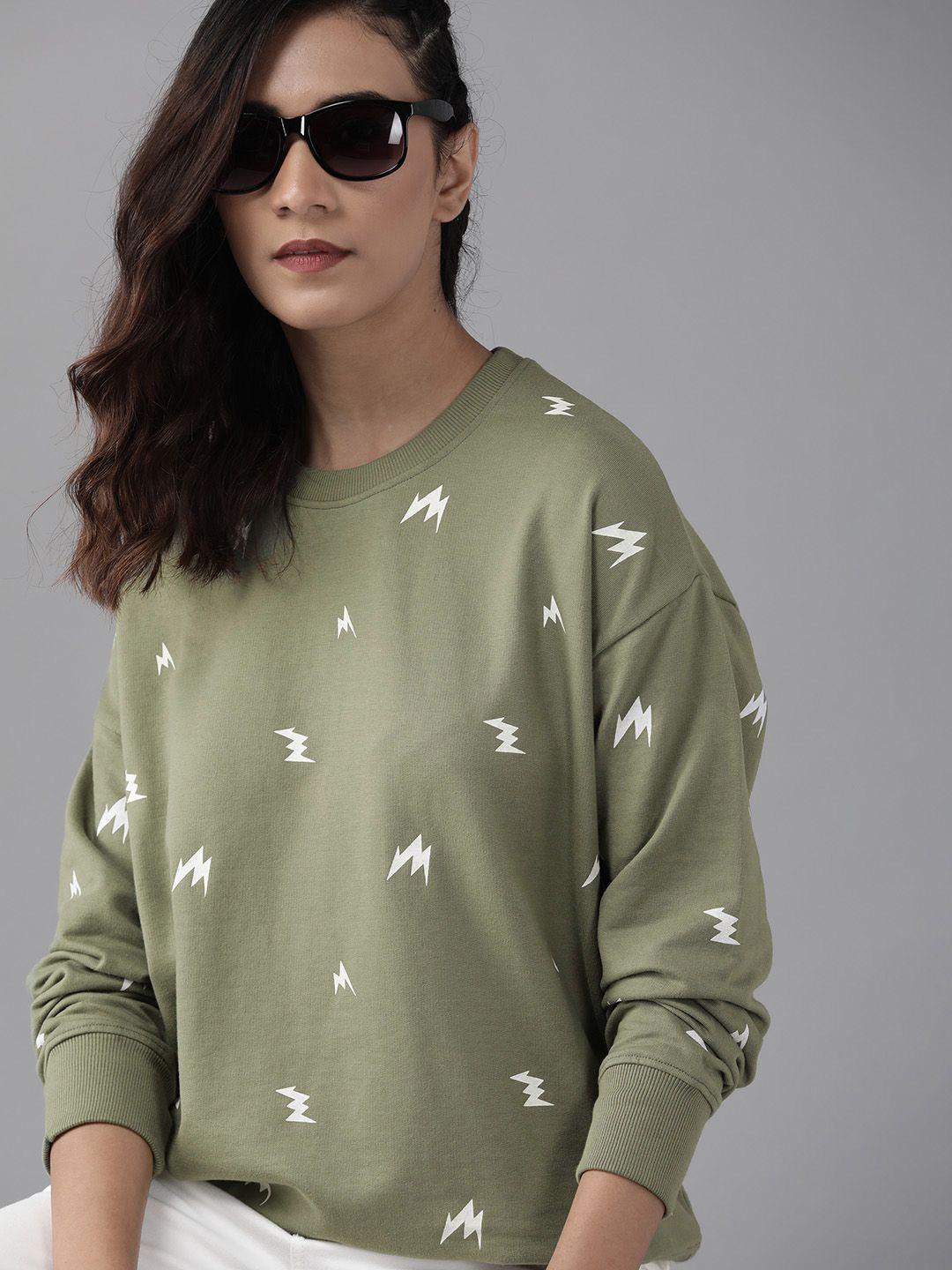 roadster women olive green printed drop shoulder boxy sweatshirt