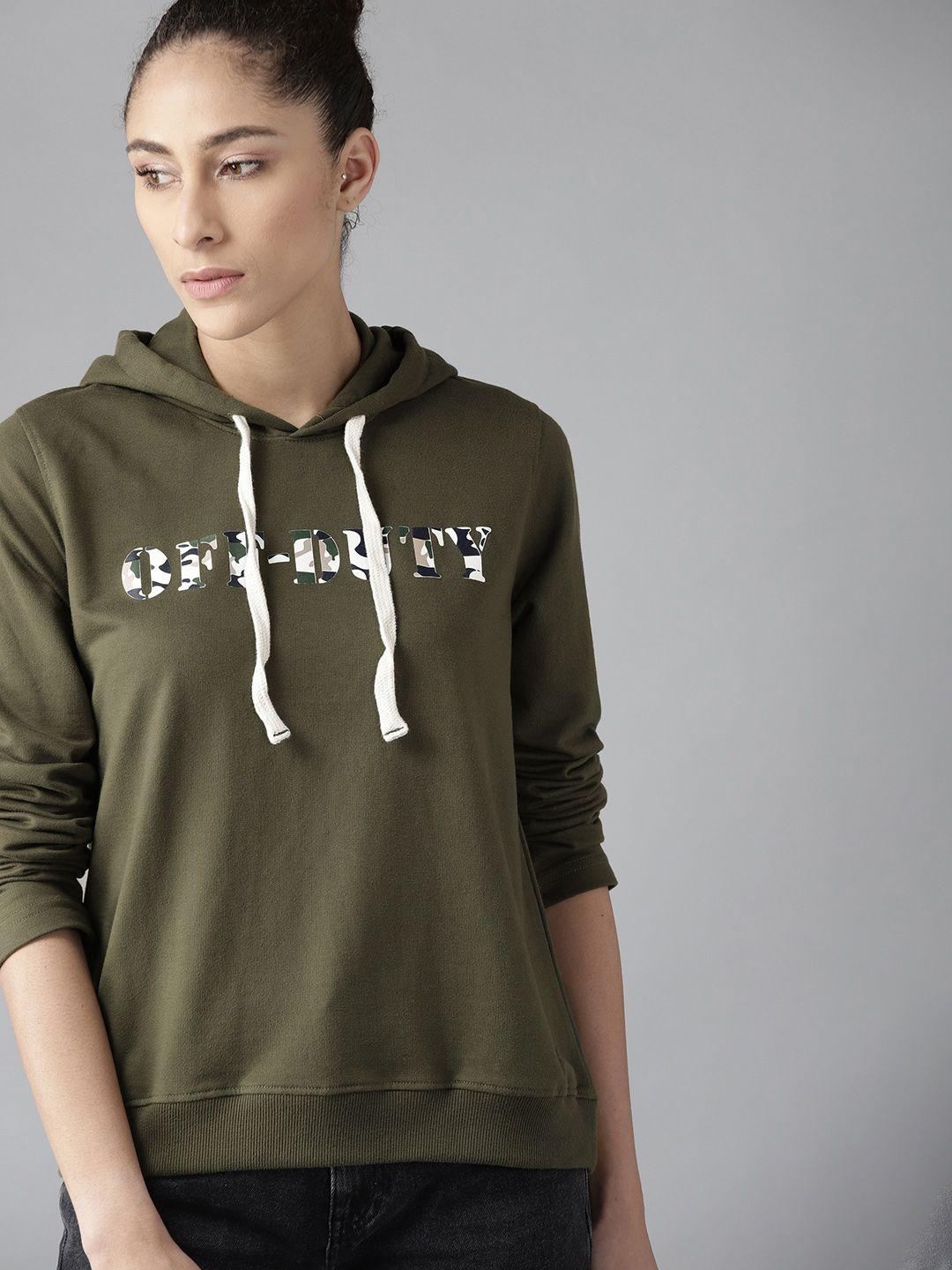 roadster women olive green printed hooded sweatshirt