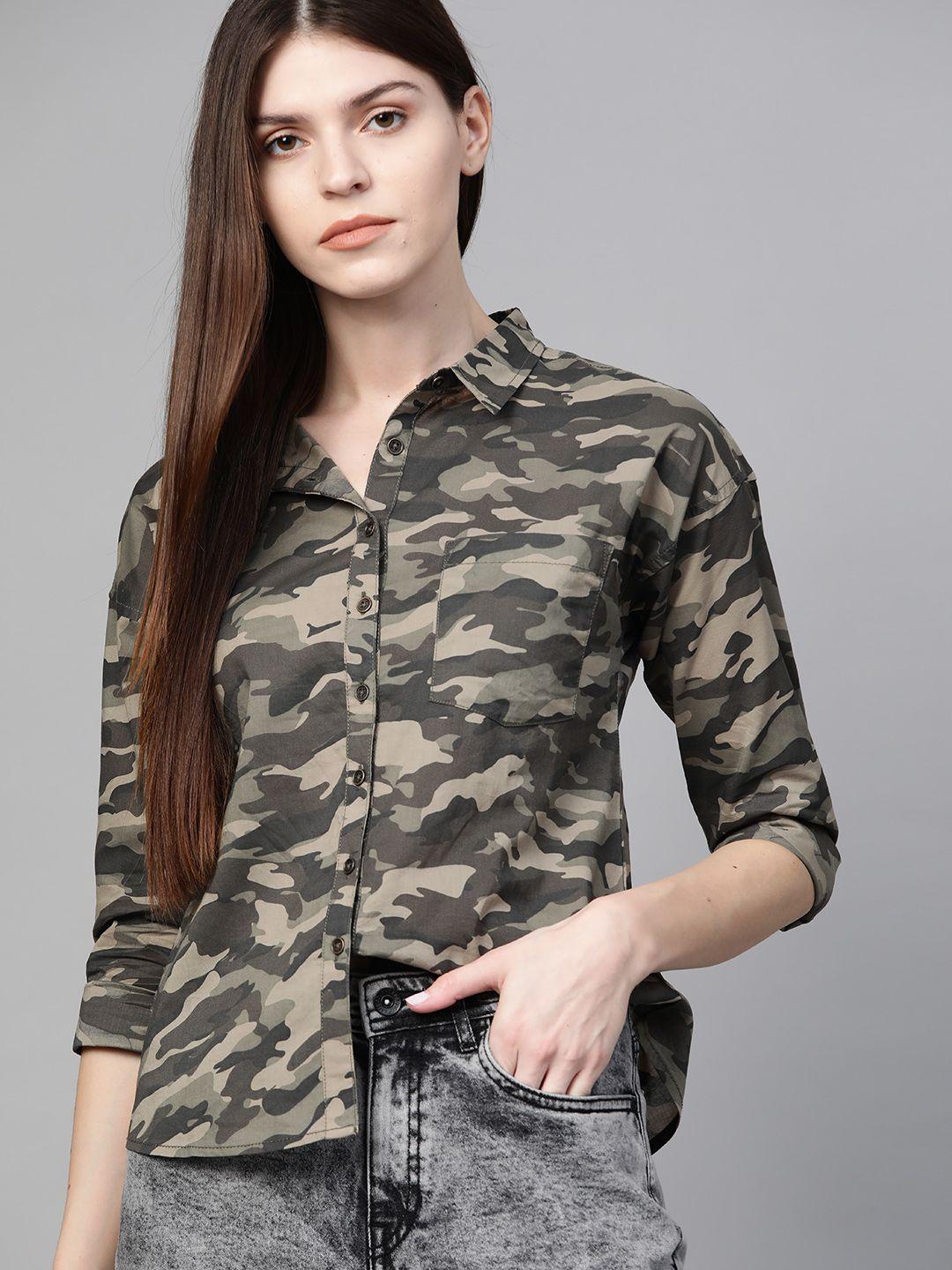 roadster women olive green regular fit camouflage printed casual shirt