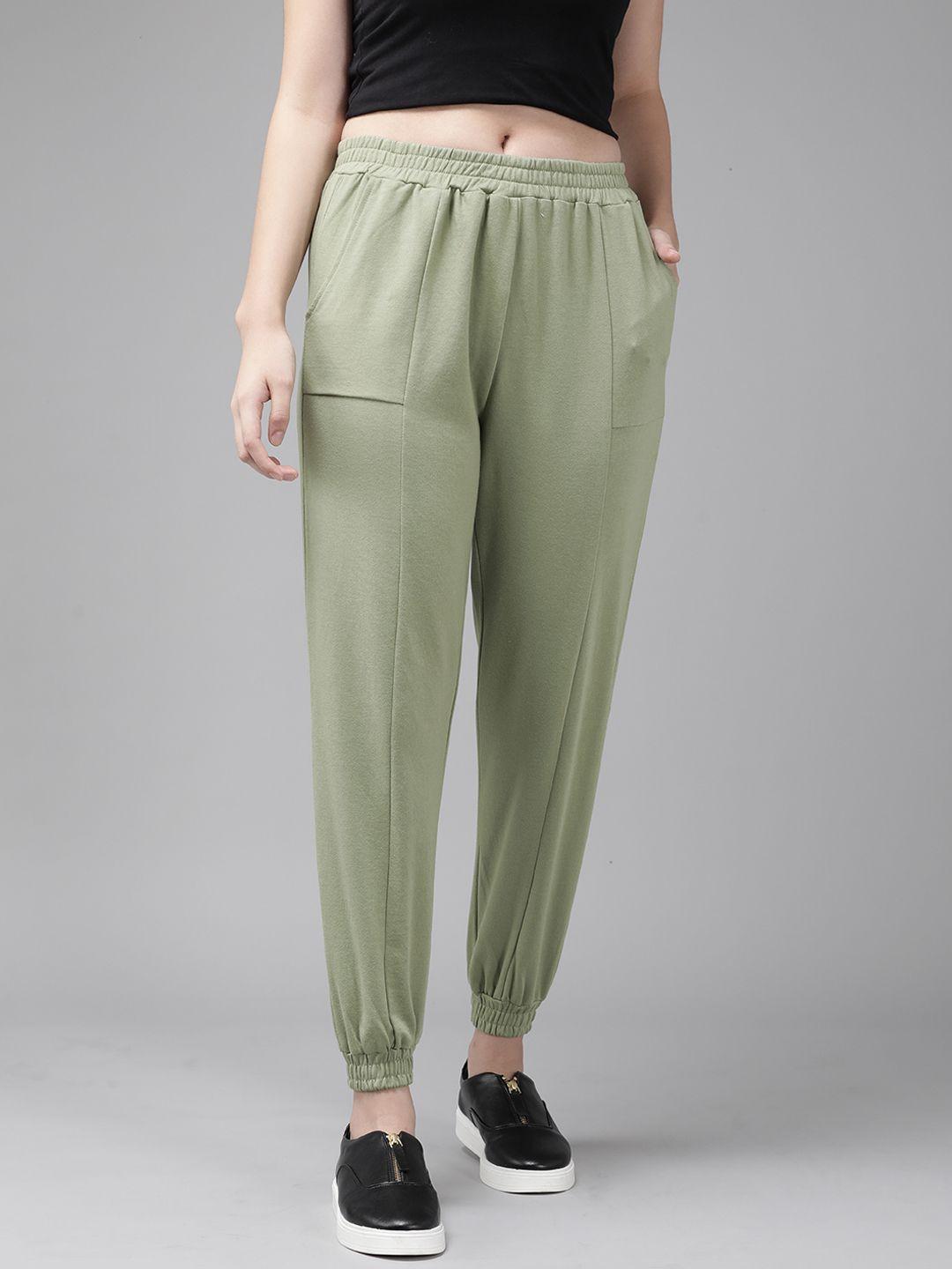 roadster women olive green solid cotton joggers