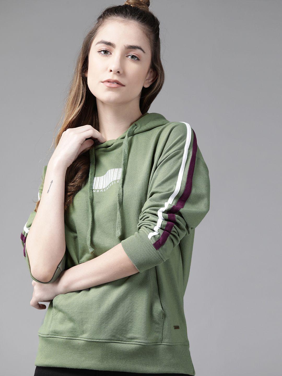 roadster women olive green solid drop-shoulder boxy hooded sweatshirt