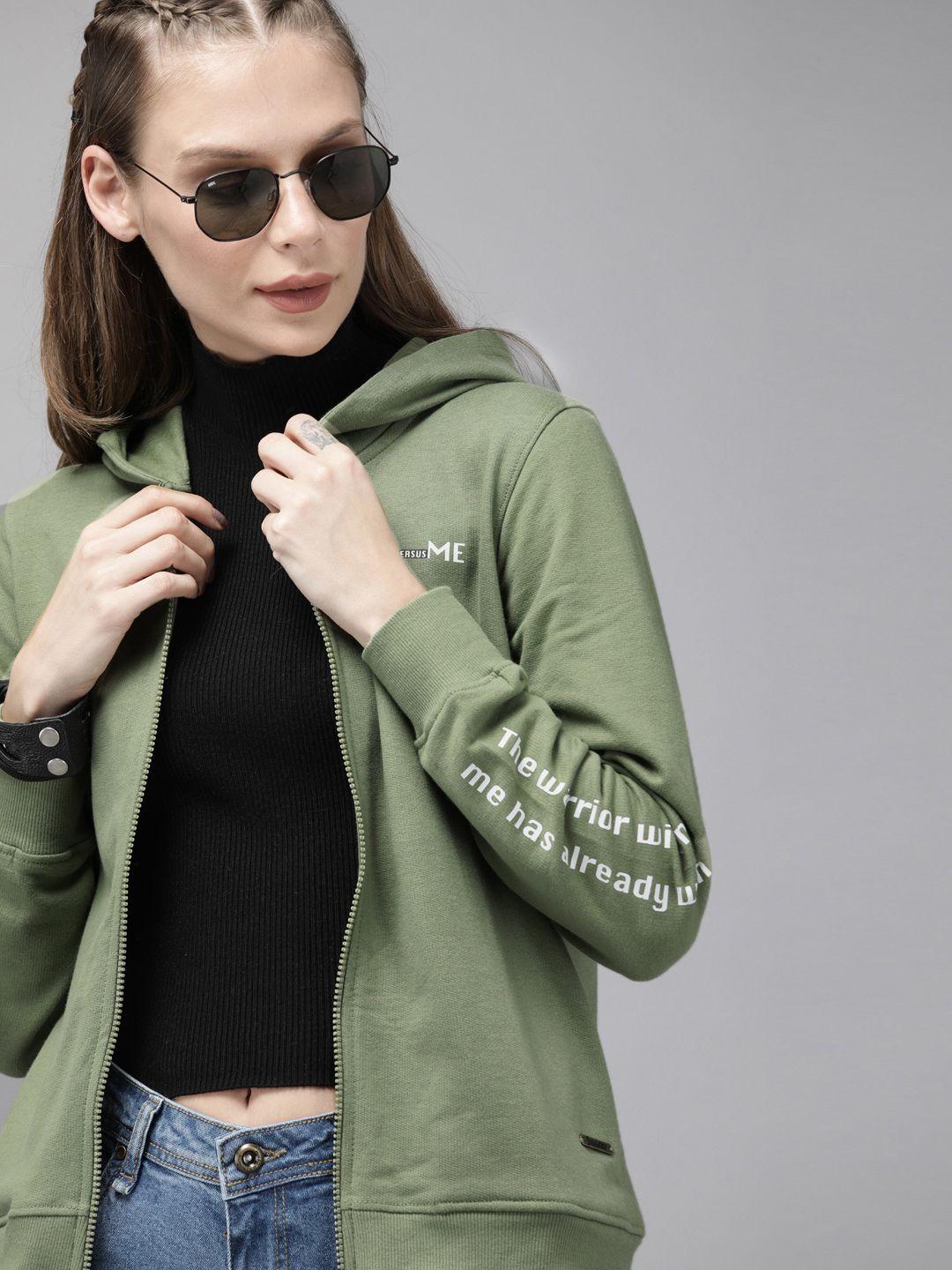 roadster women olive green solid hooded sweatshirt