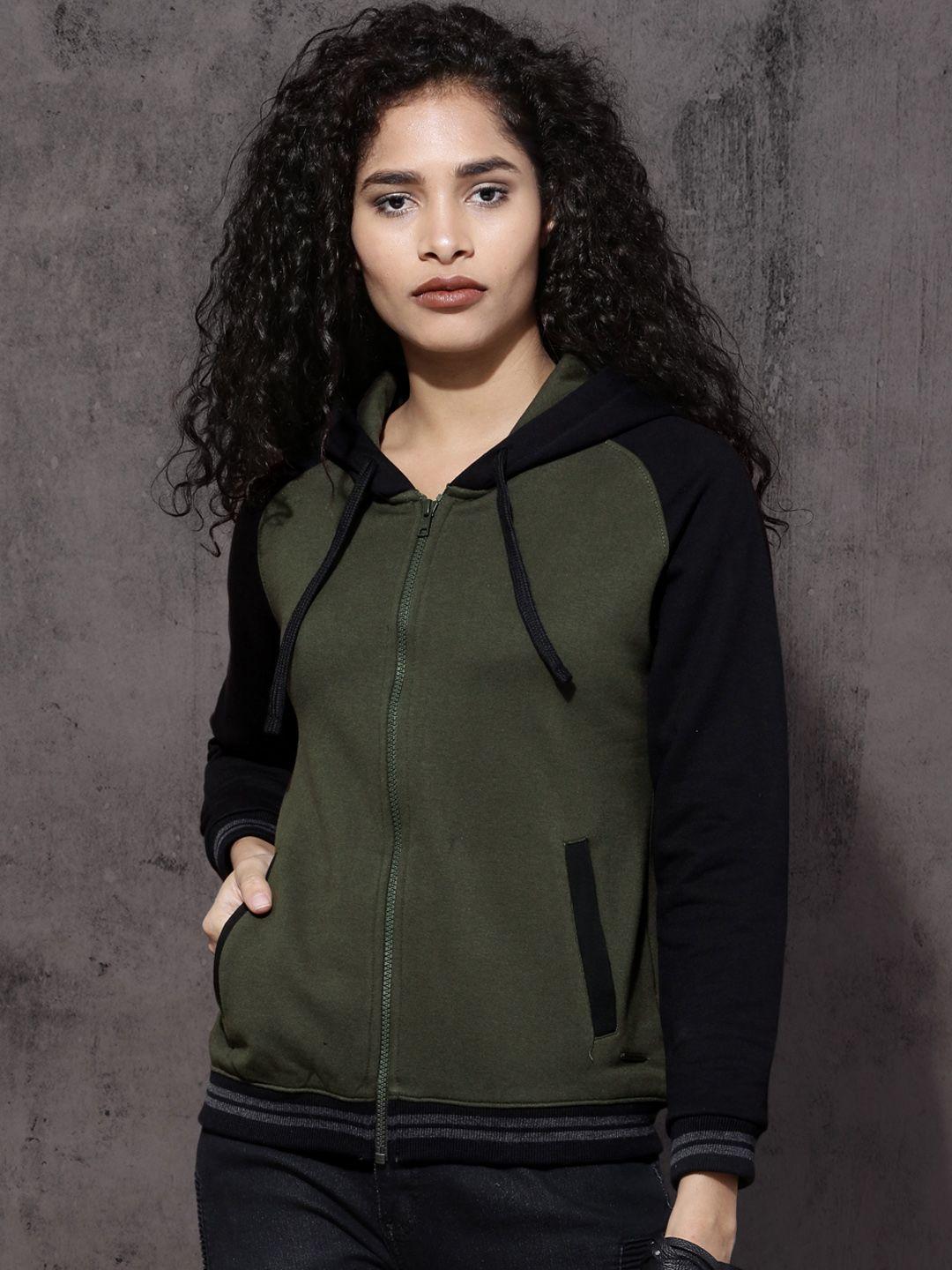 roadster women olive green solid hooded sweatshirt