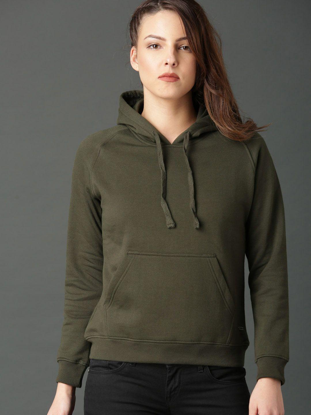 roadster women olive green solid hooded sweatshirt