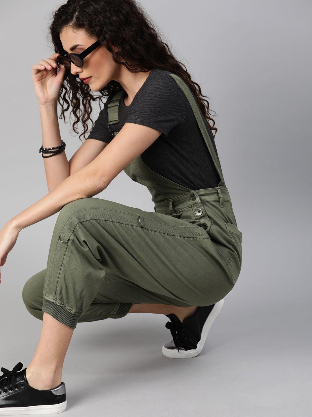 roadster women olive green solid jogger dungarees