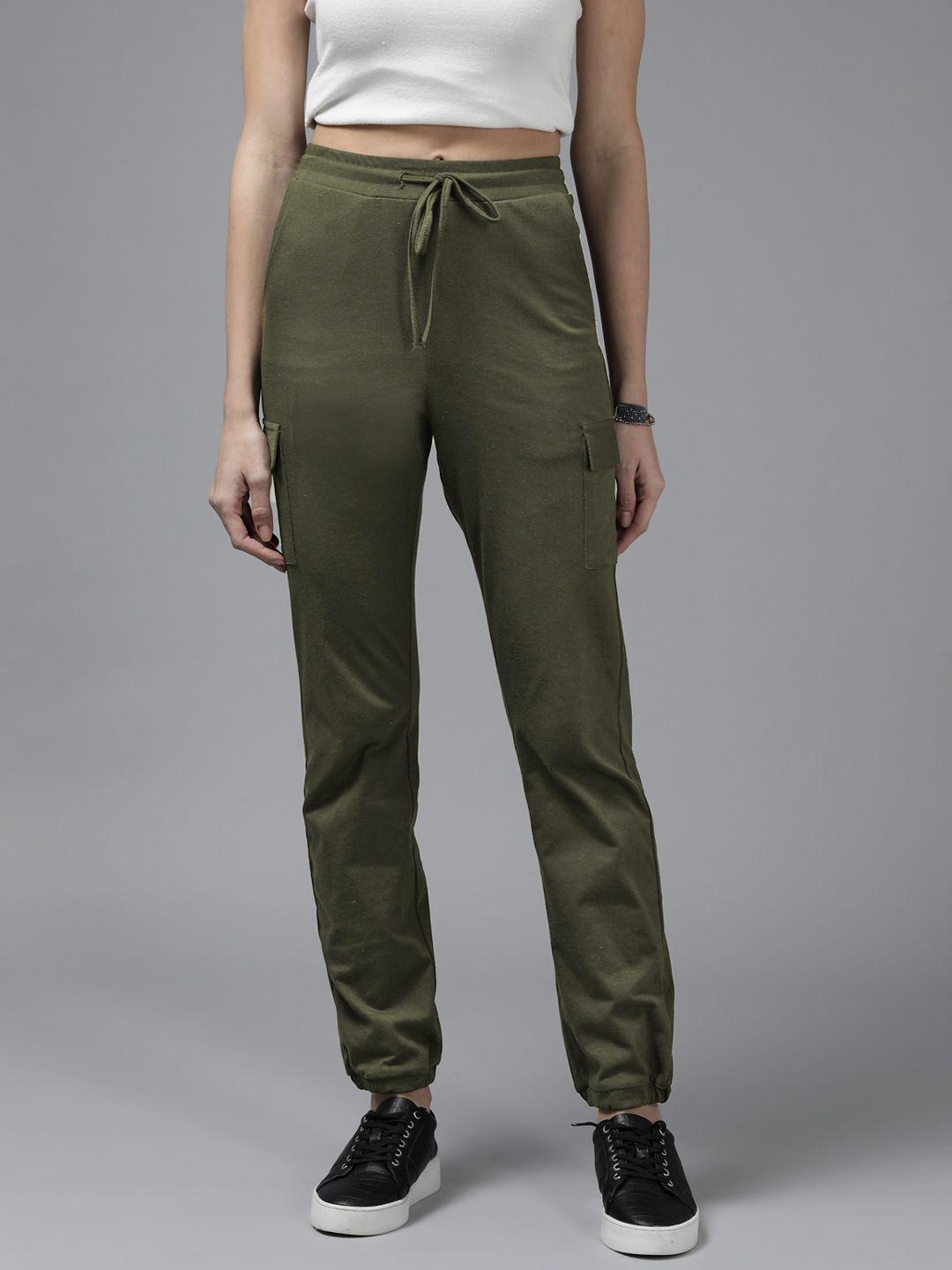 roadster women olive green solid joggers