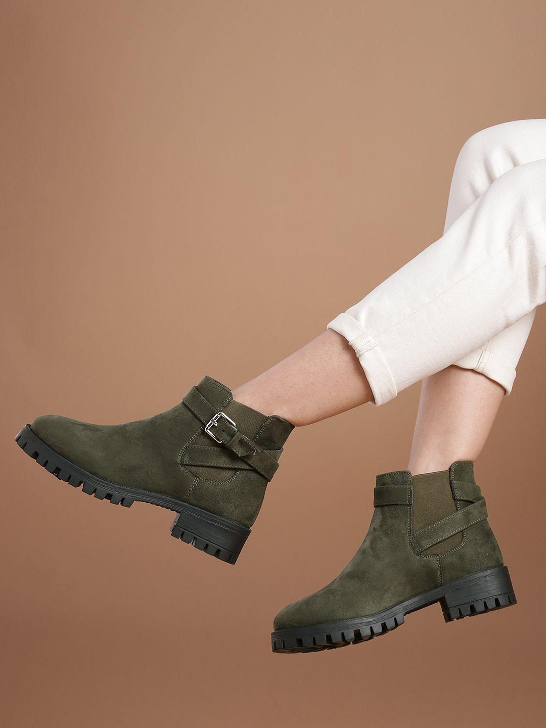 roadster women olive green solid mid-top flat boots