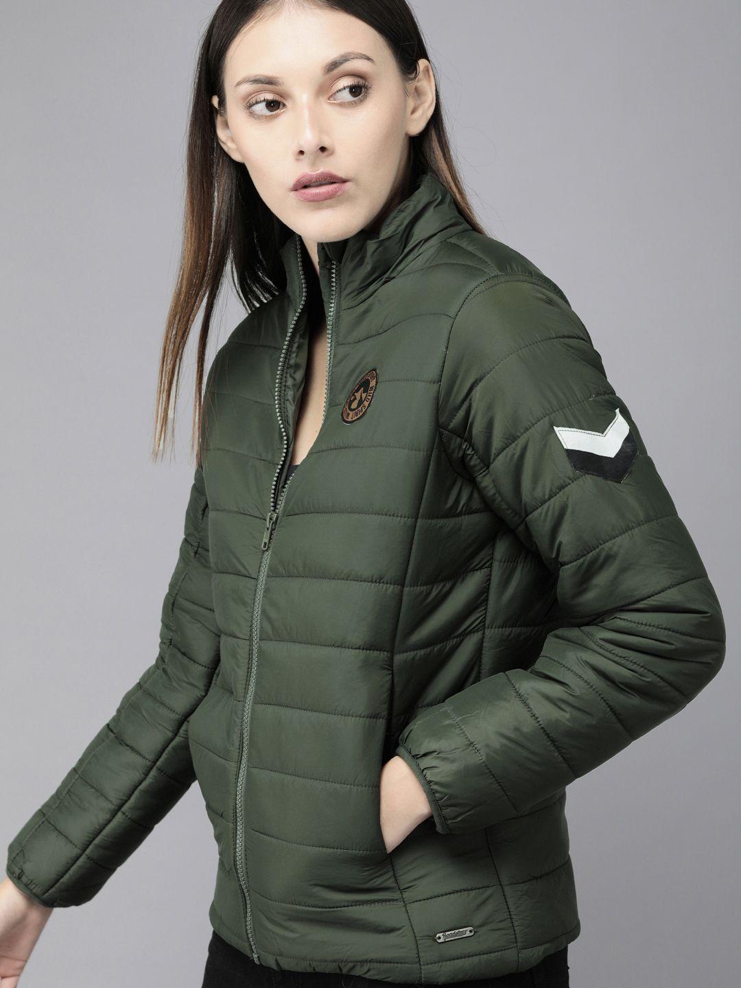 roadster women olive green solid padded jacket