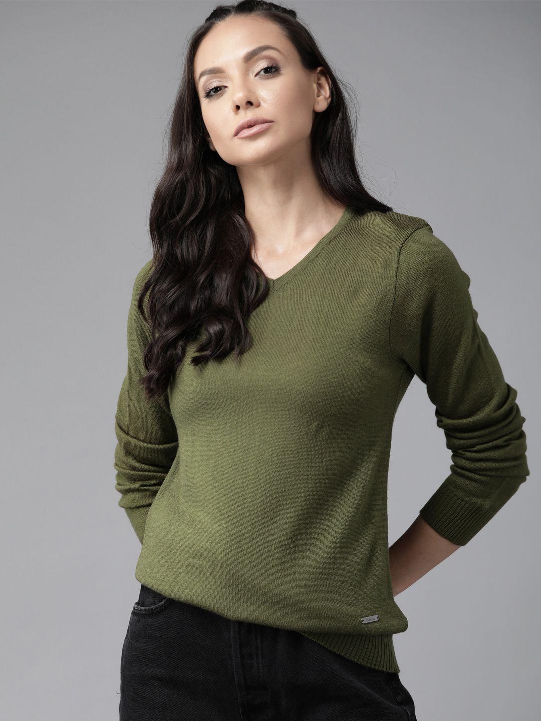 roadster women olive green solid pullover