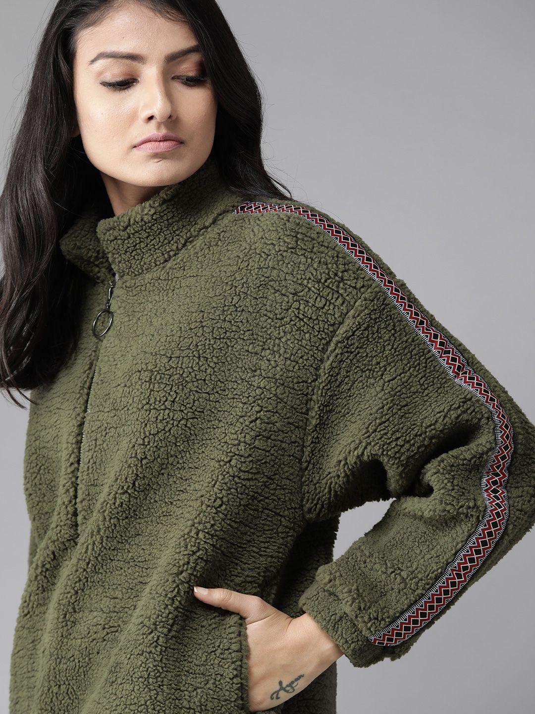 roadster women olive green solid sherpa sweatshirt