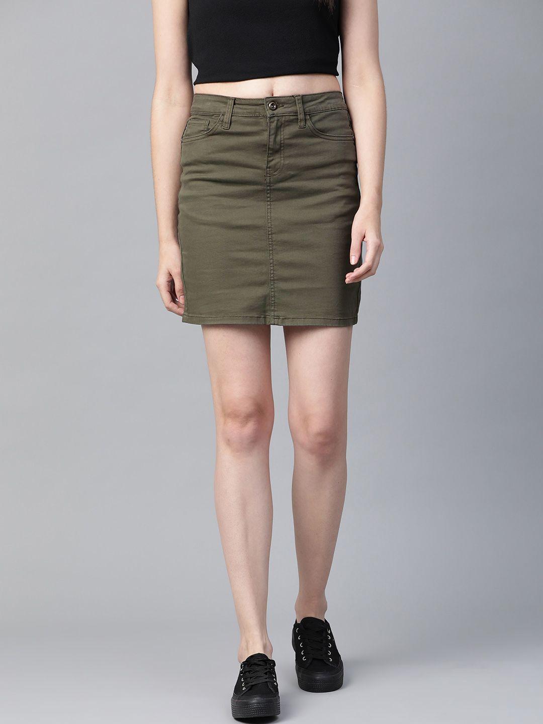 roadster women olive green solid straight skirt