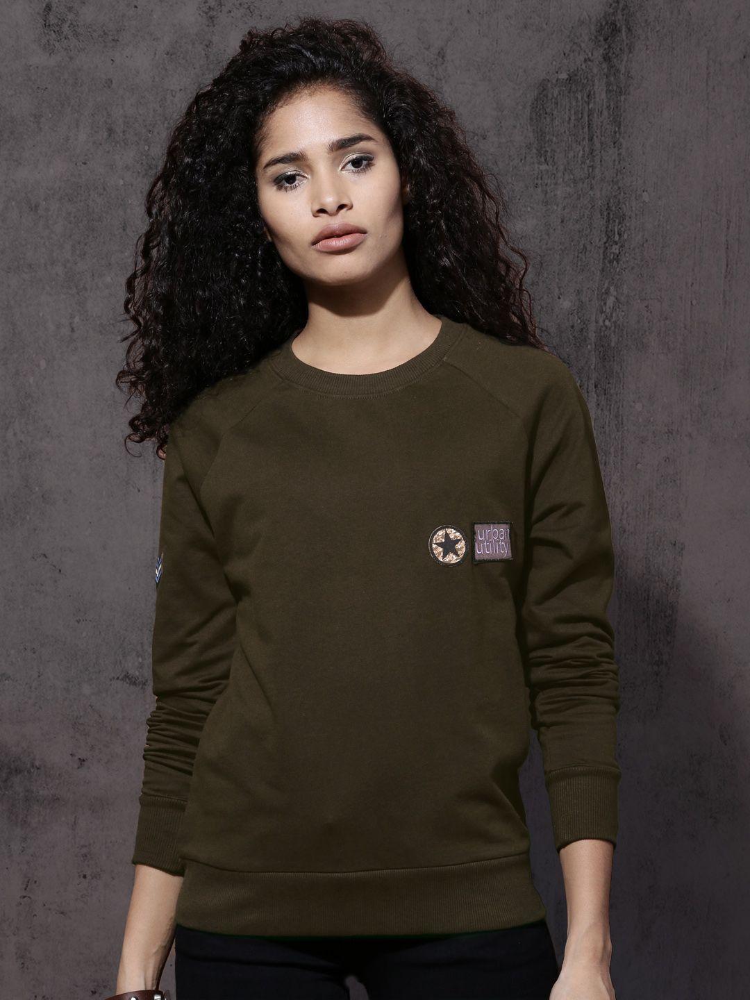 roadster women olive green solid sweatshirt