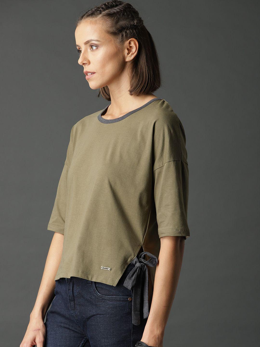 roadster women olive green solid top with side tie