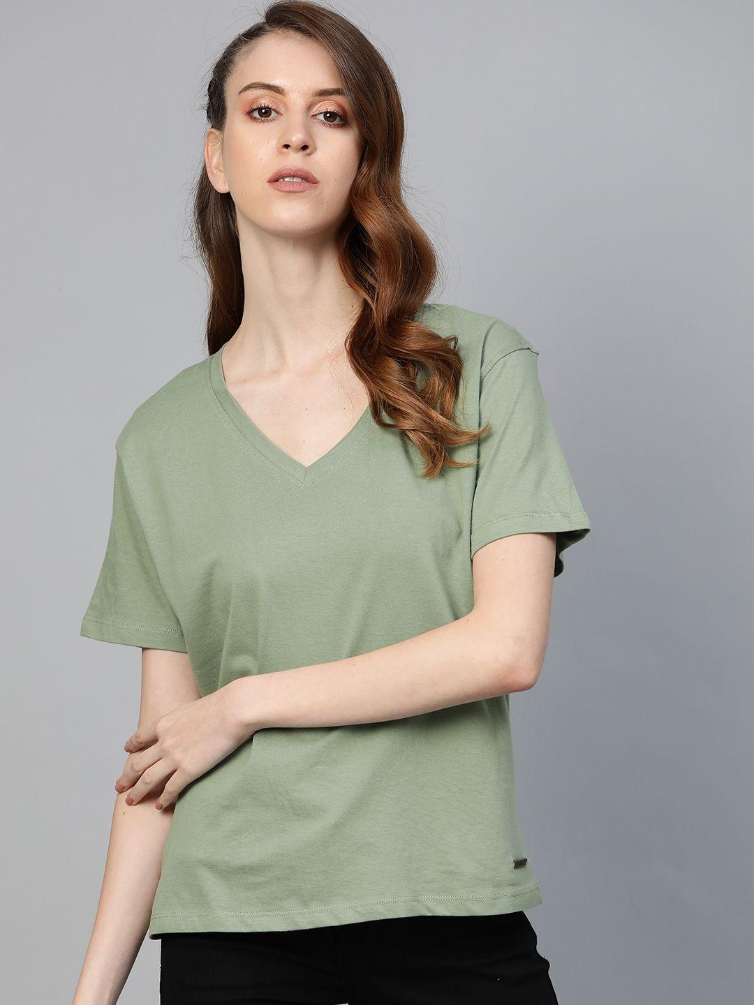 roadster women olive green solid v-neck t-shirt