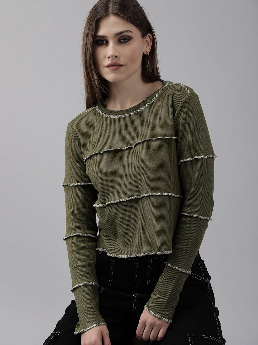 roadster women olive green striped top