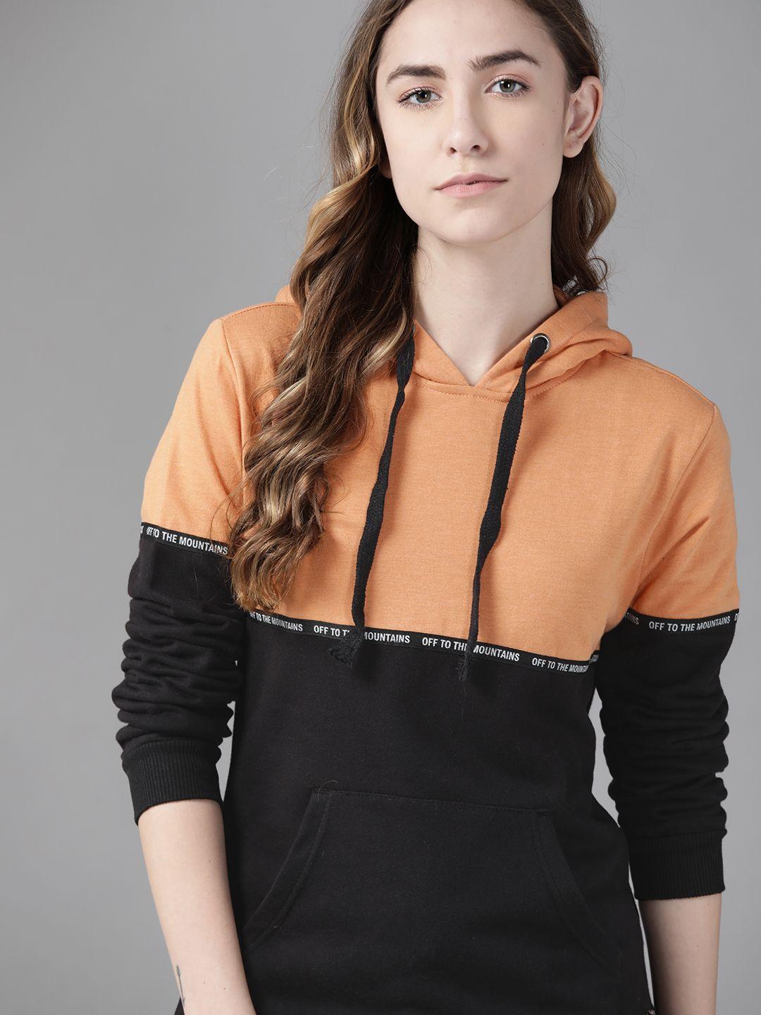 roadster women orange & black colourblocked hooded sweatshirt