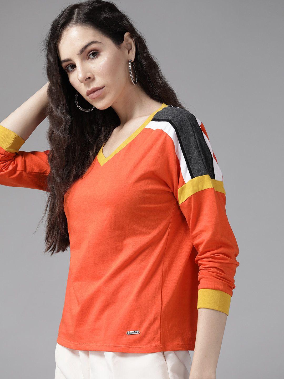 roadster women orange & grey v-neck drop-shoulder sleeves pure cotton t-shirt