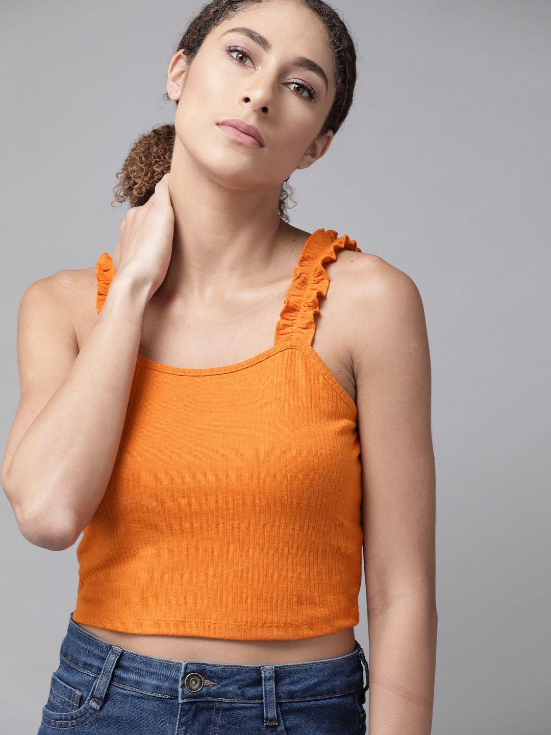 roadster women orange ribbed ruffles crop top