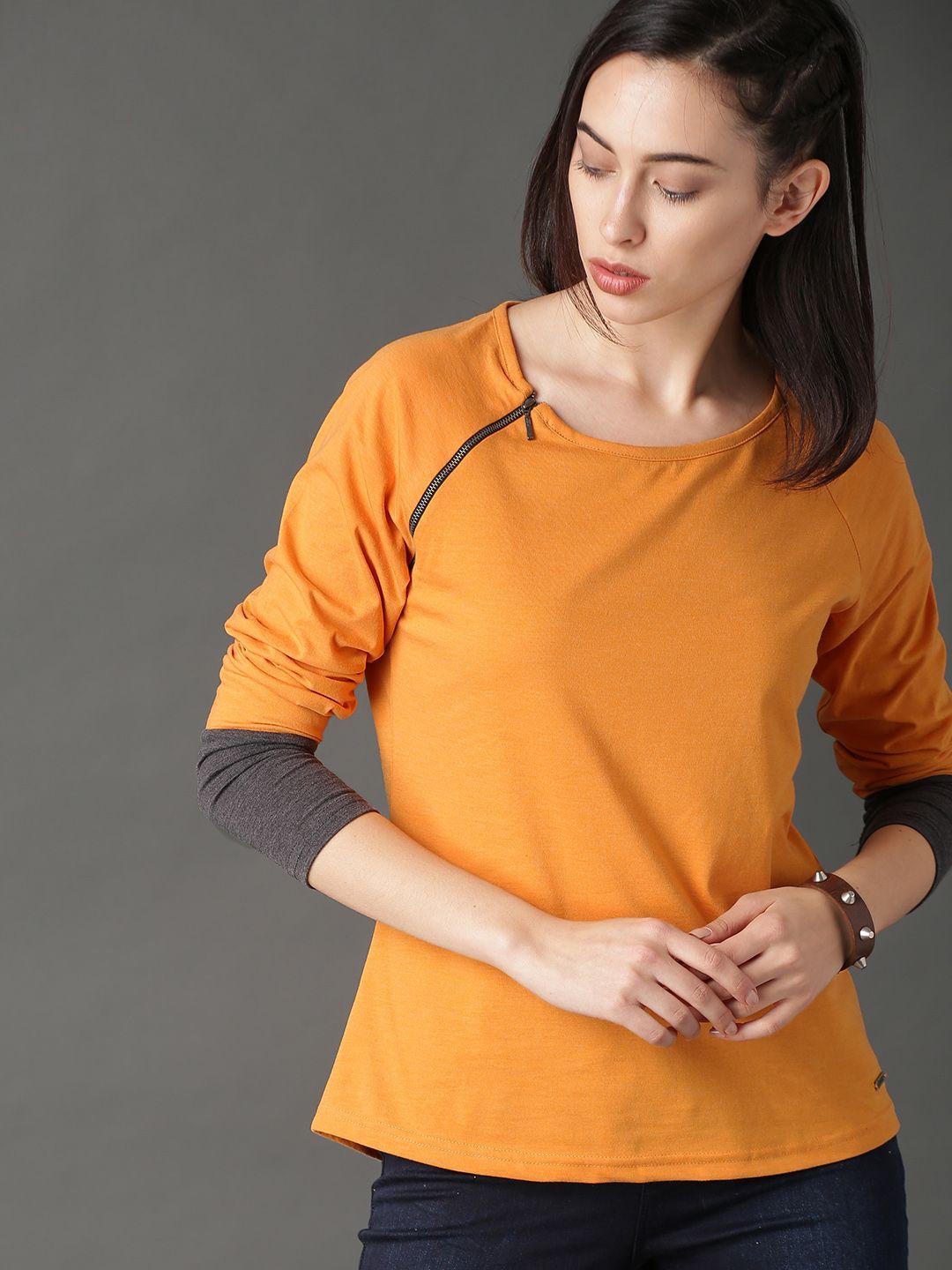 roadster women orange solid round neck t-shirt