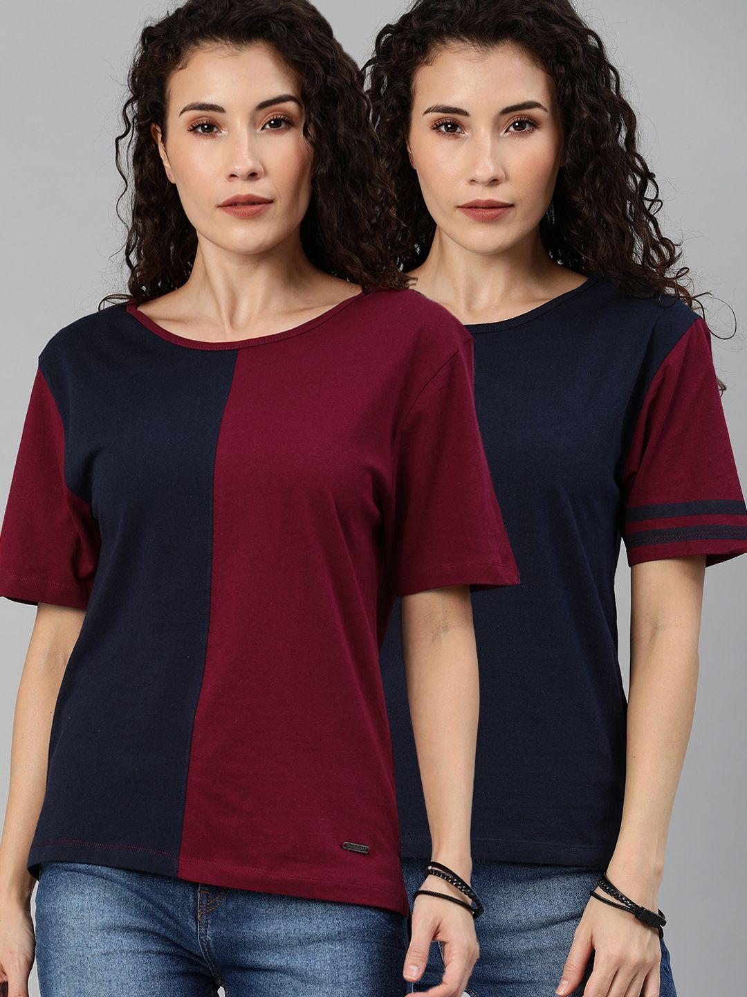 roadster women pack of 2 maroon & navy blue round neck t-shirt