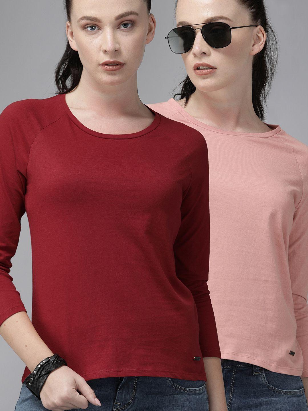 roadster women pack of 2 maroon  pink solid round neck pure cotton t-shirt