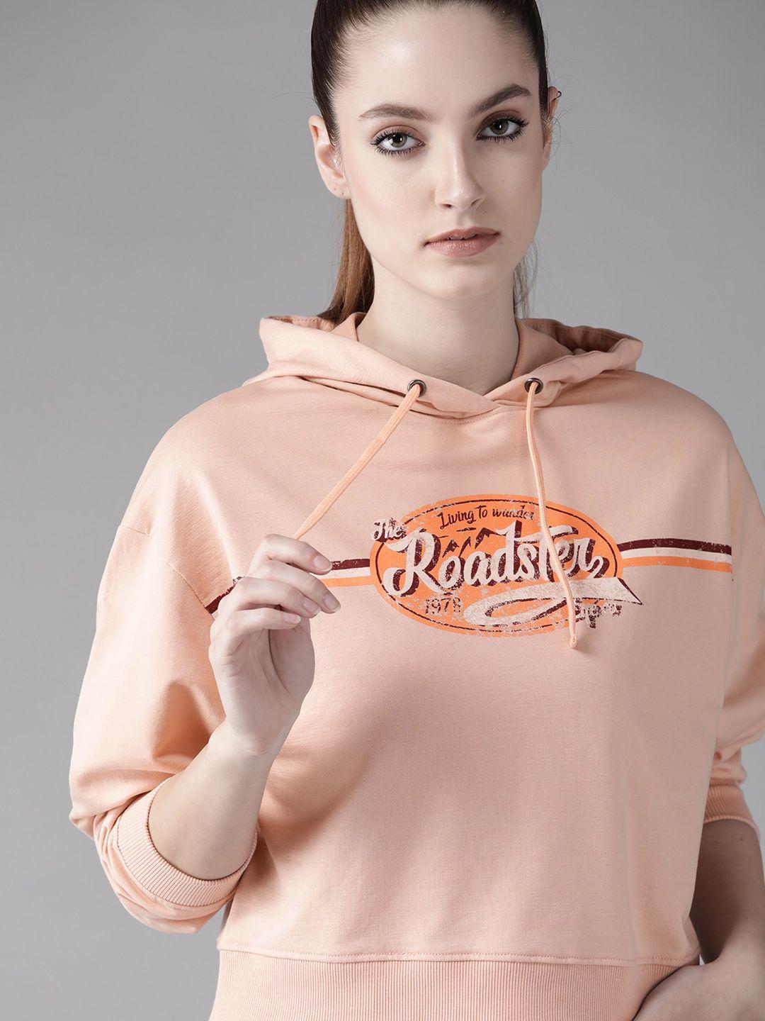 roadster women peach-coloured & orange printed hooded sweatshirt