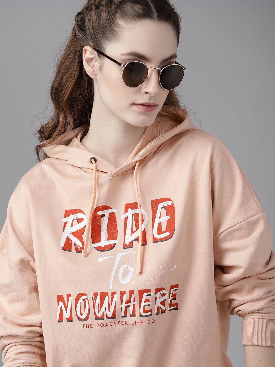 roadster women peach-coloured & white printed hooded oversized sweatshirt