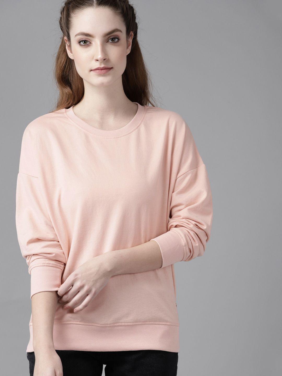 roadster women peach-coloured drop-shoulder sleeves solid sweatshirt