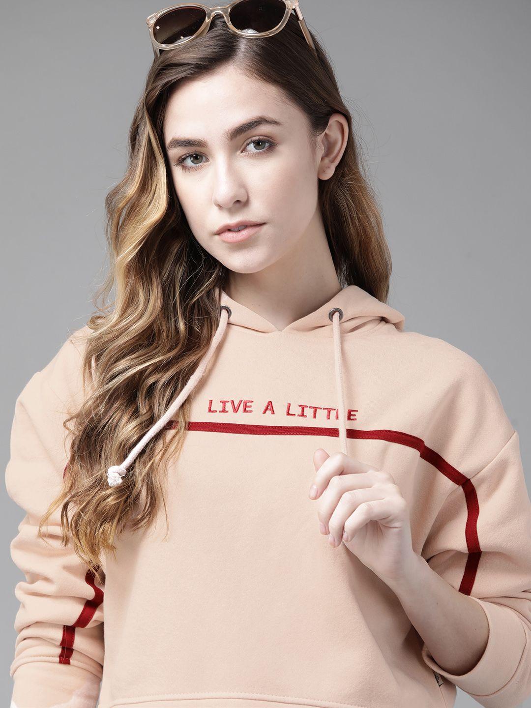 roadster women peach-coloured embroidered hooded sweatshirt