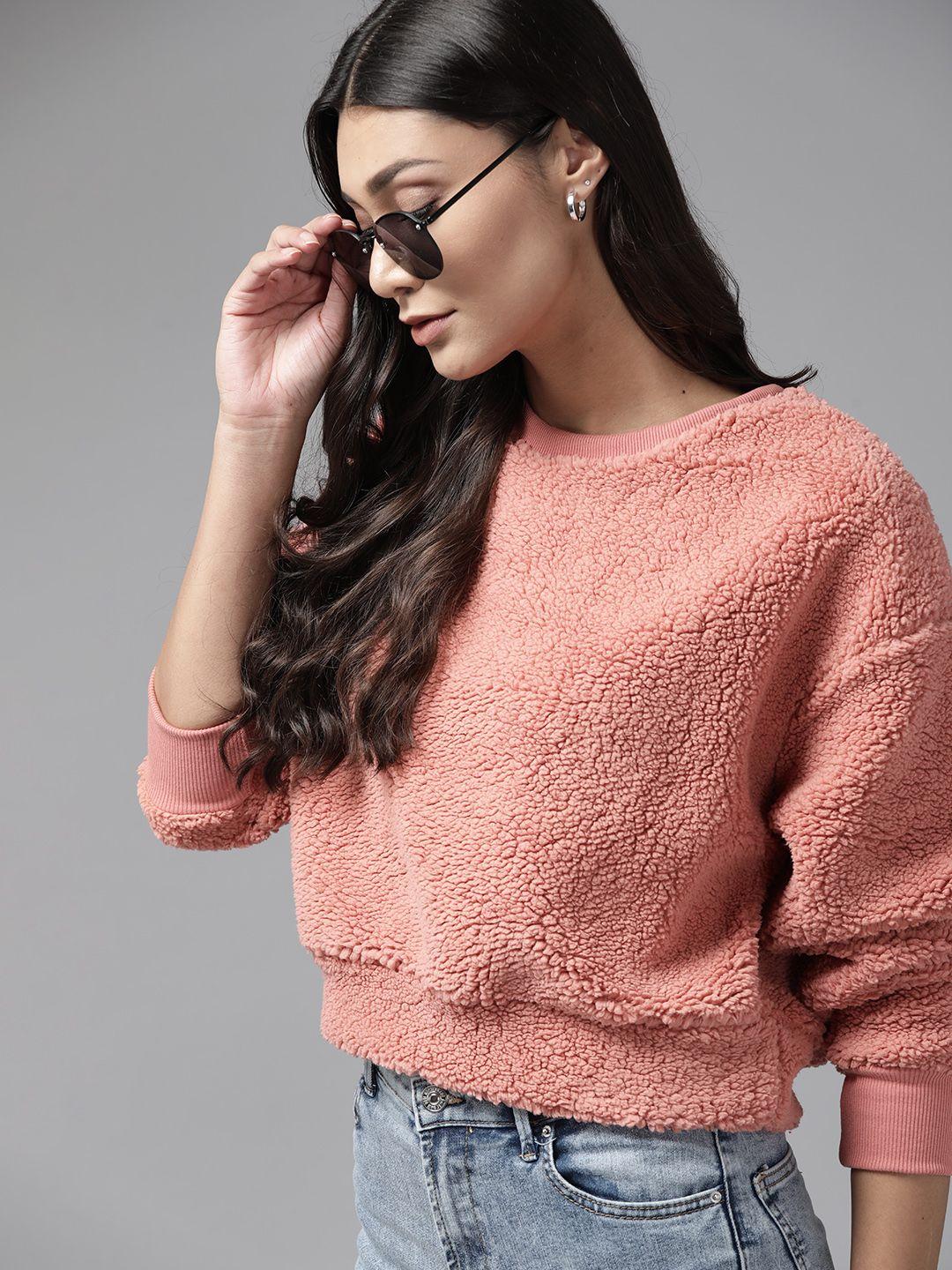 roadster women peach-coloured faux fur sweatshirt