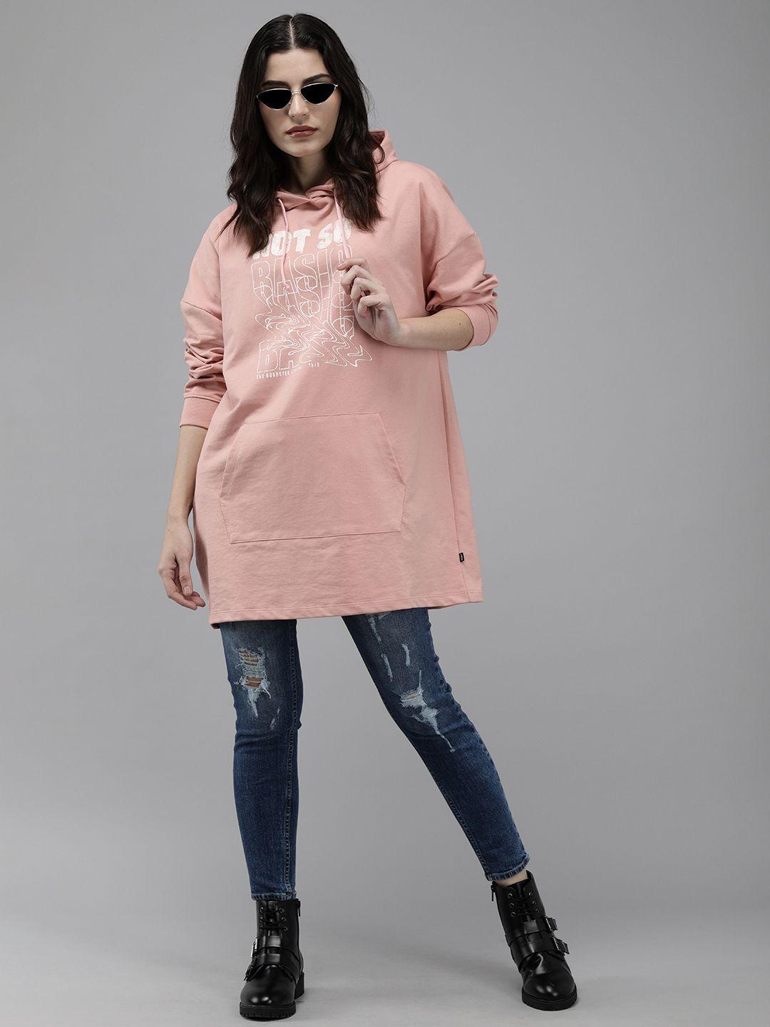 roadster women peach-coloured printed hooded longline sweatshirt