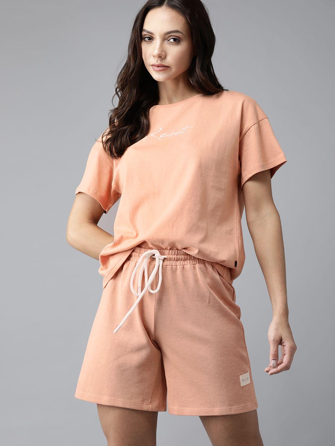 roadster women peach-coloured pure cotton t-shirt & shorts set