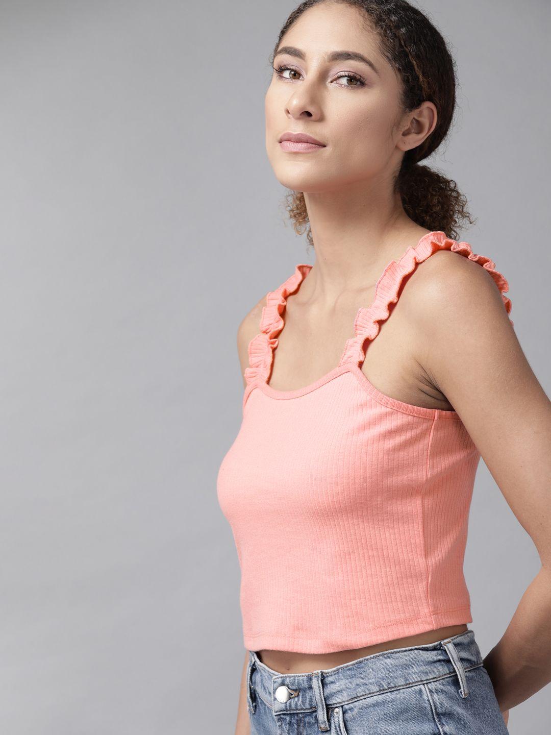 roadster women peach-coloured solid crop top