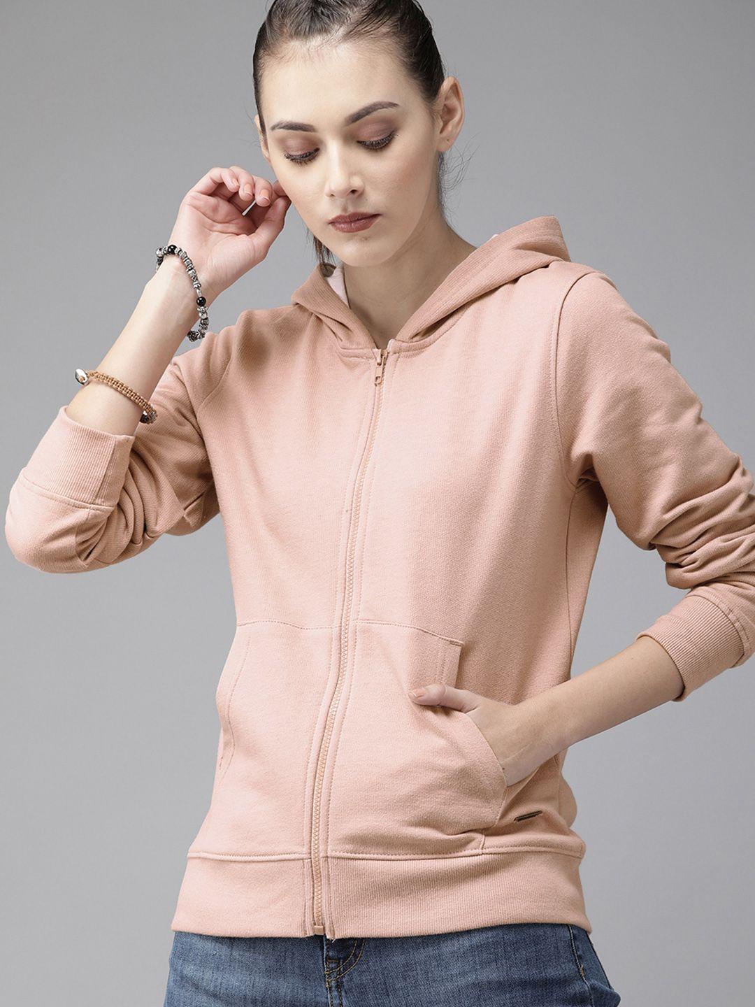 roadster women peach-coloured solid greenturn hooded sustainable sweatshirt