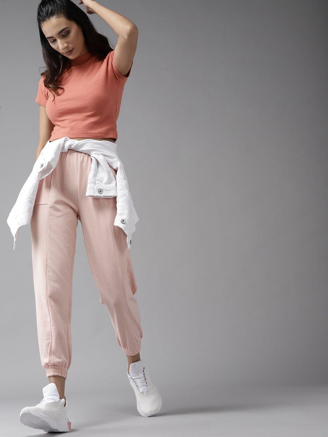 roadster women peach-coloured solid joggers