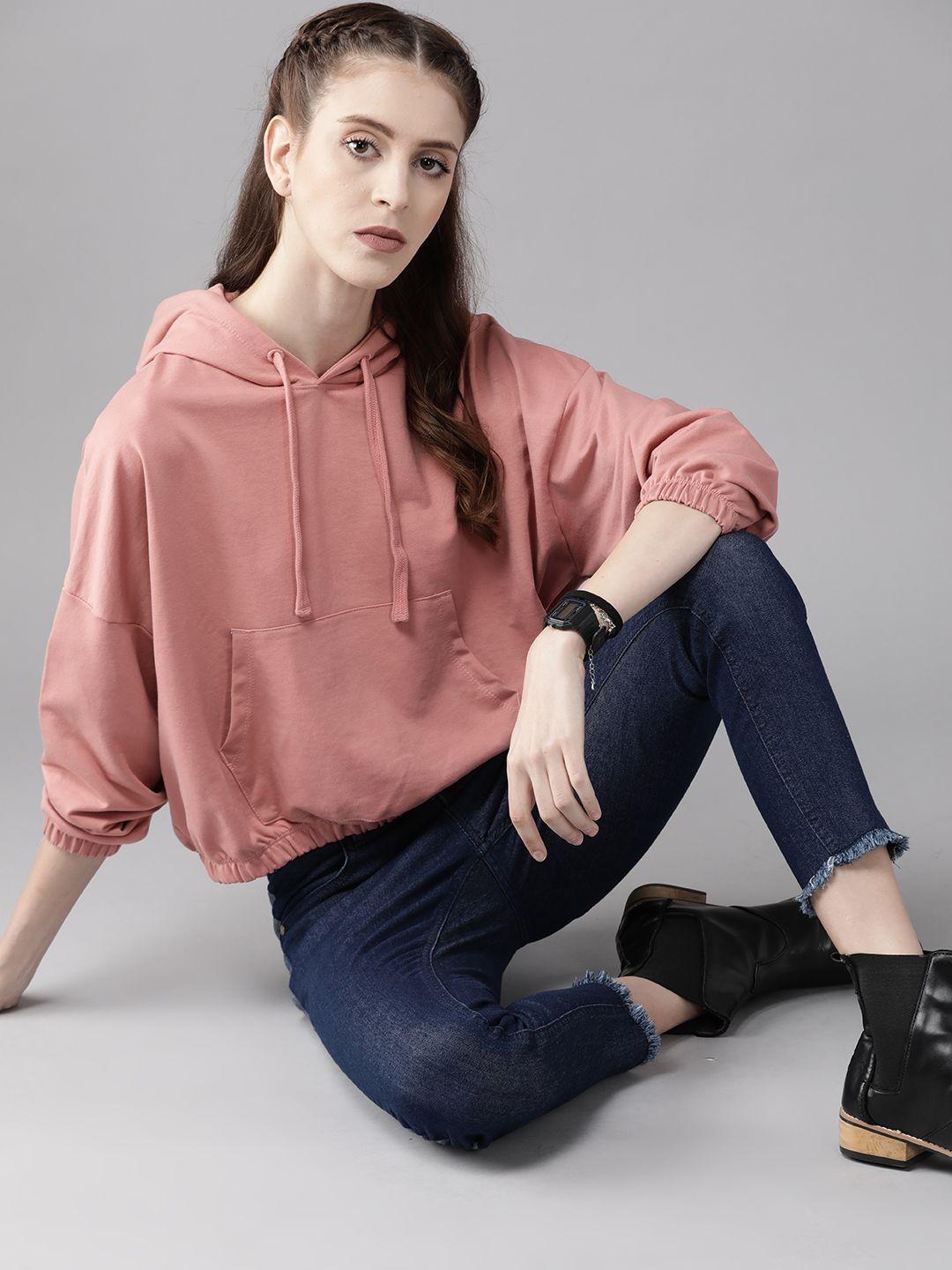 roadster women peach-coloured solid oversized hooded sweatshirt