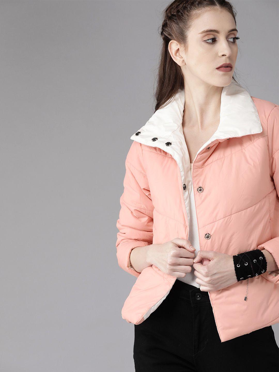 roadster women peach-coloured solid padded jacket