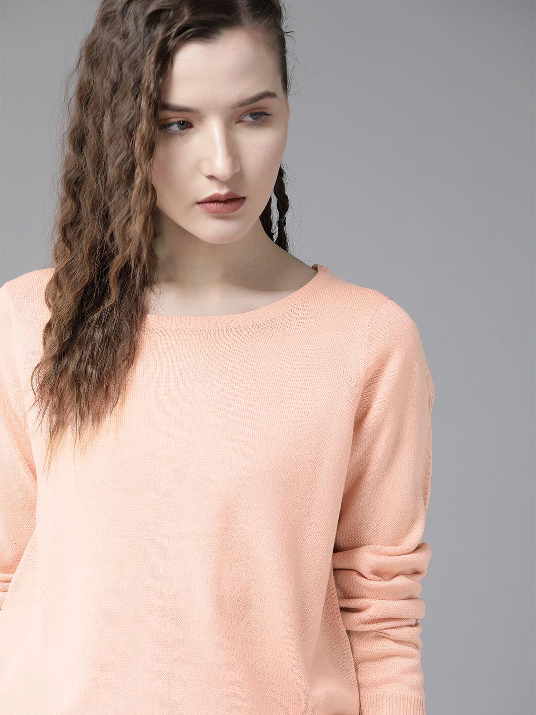 roadster women peach-coloured solid pullover sweater