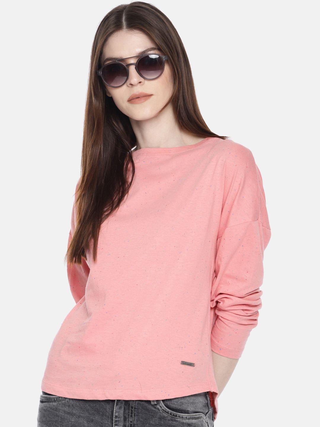 roadster women peach-coloured solid round neck t-shirt