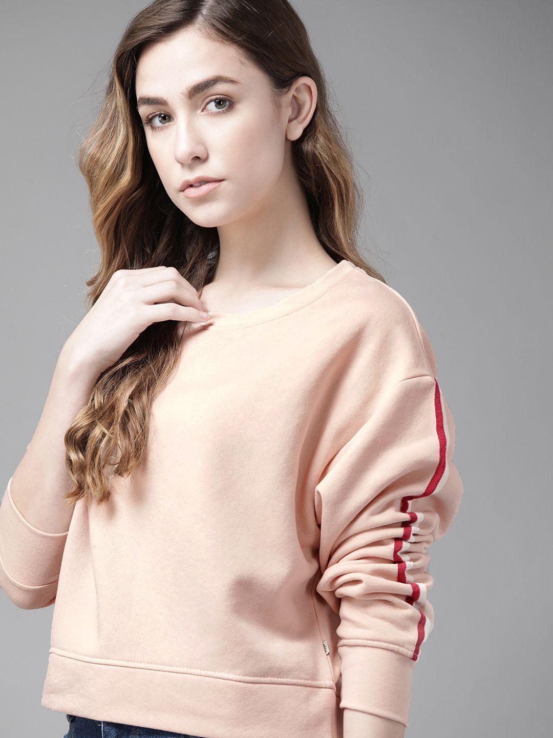 roadster women peach-coloured solid sweatshirt