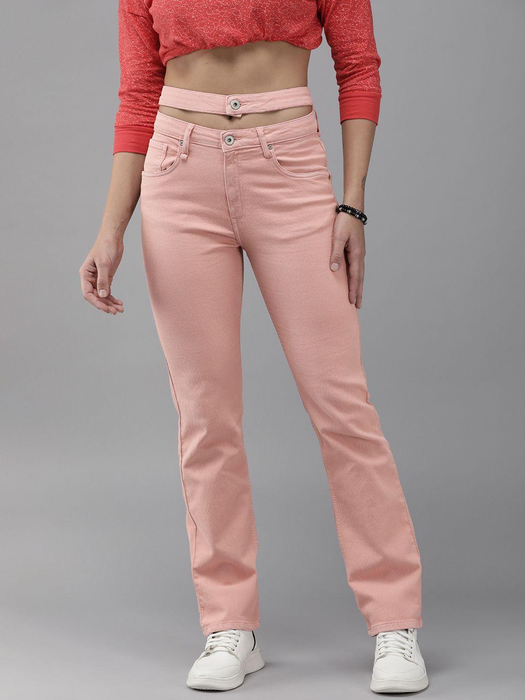 roadster women peach-coloured straight fit high-rise stretchable jeans