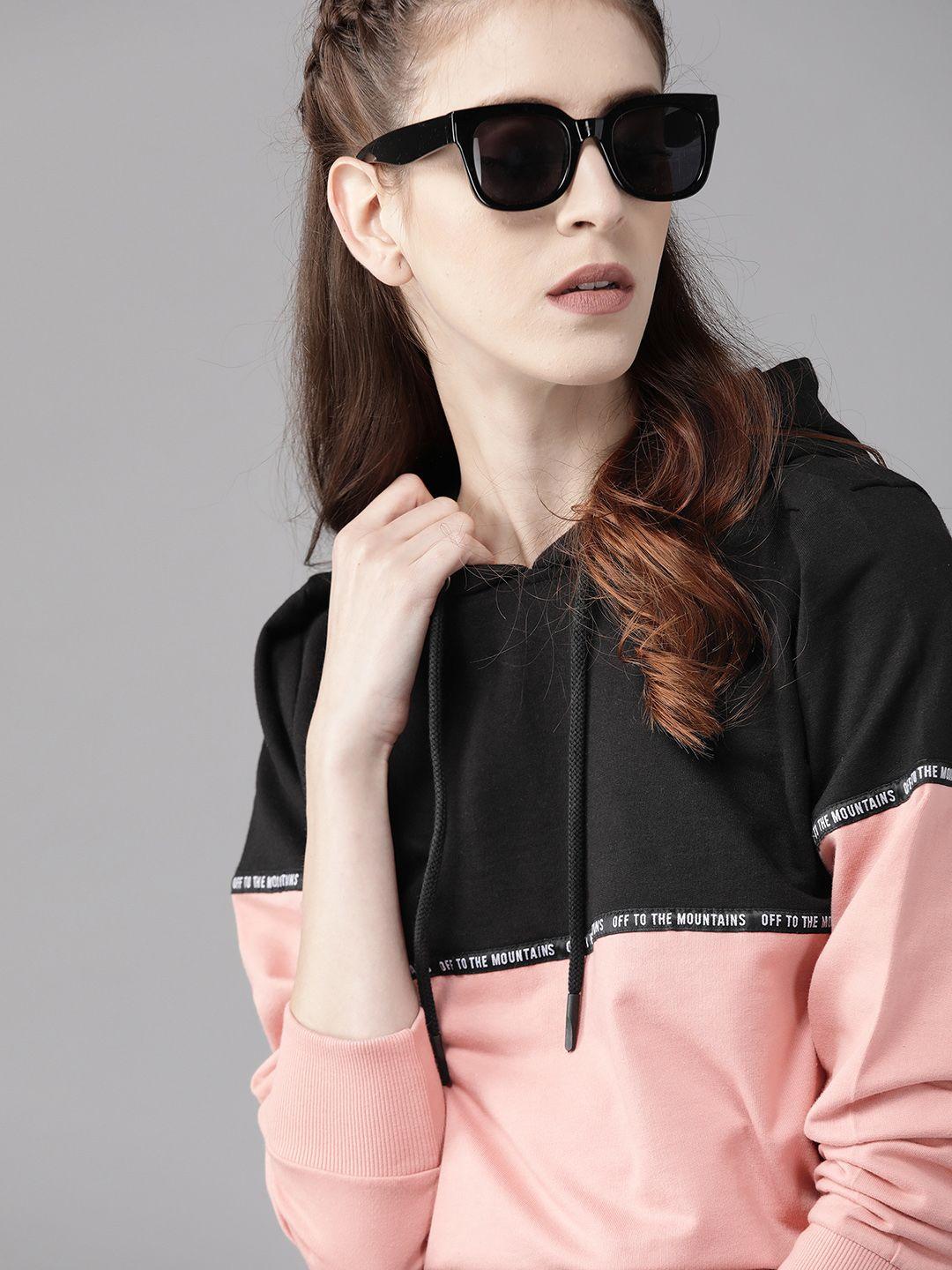 roadster women pink & black colourblocked hooded sweatshirt