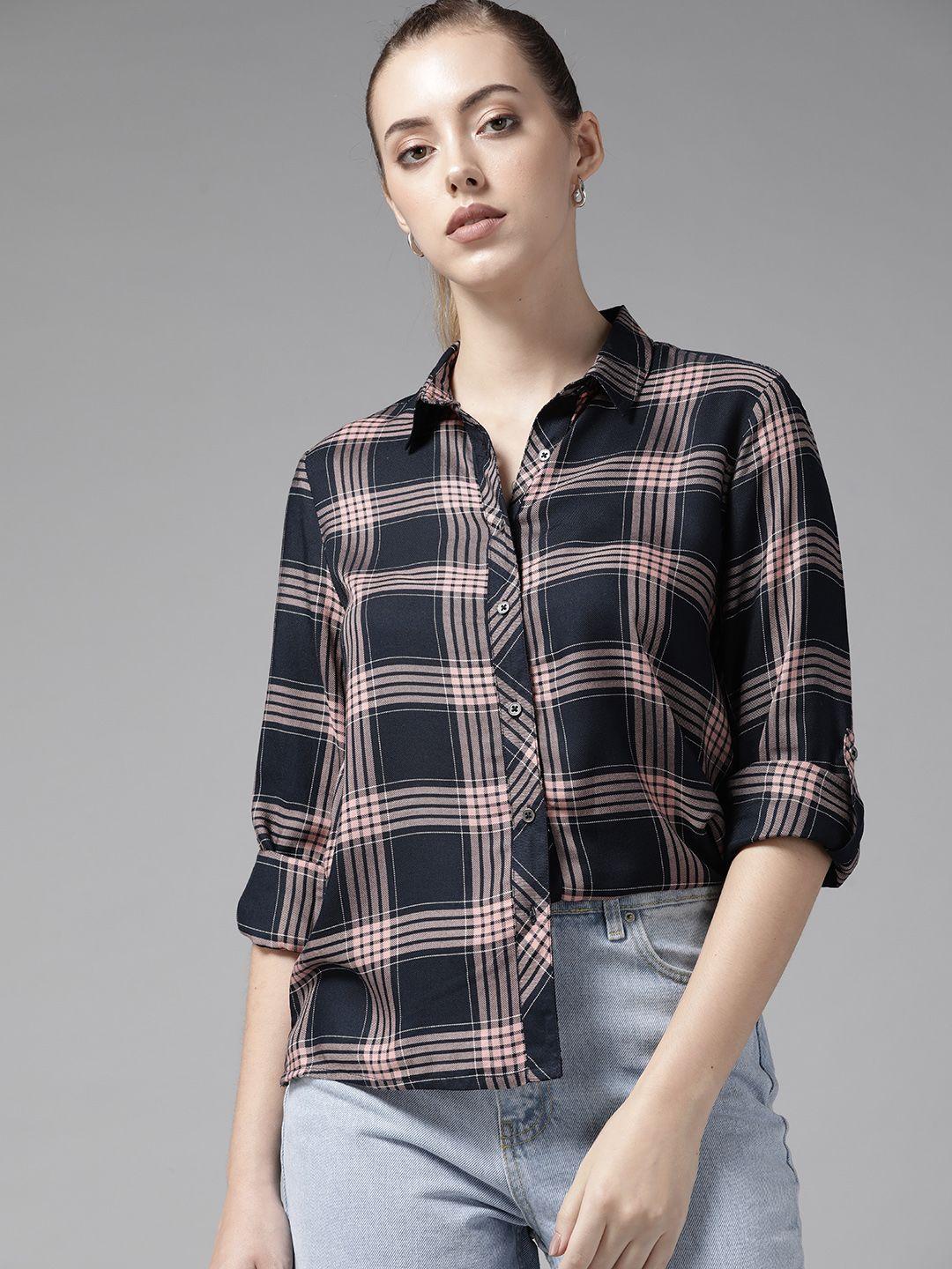 roadster women pink & black tartan checked casual shirt