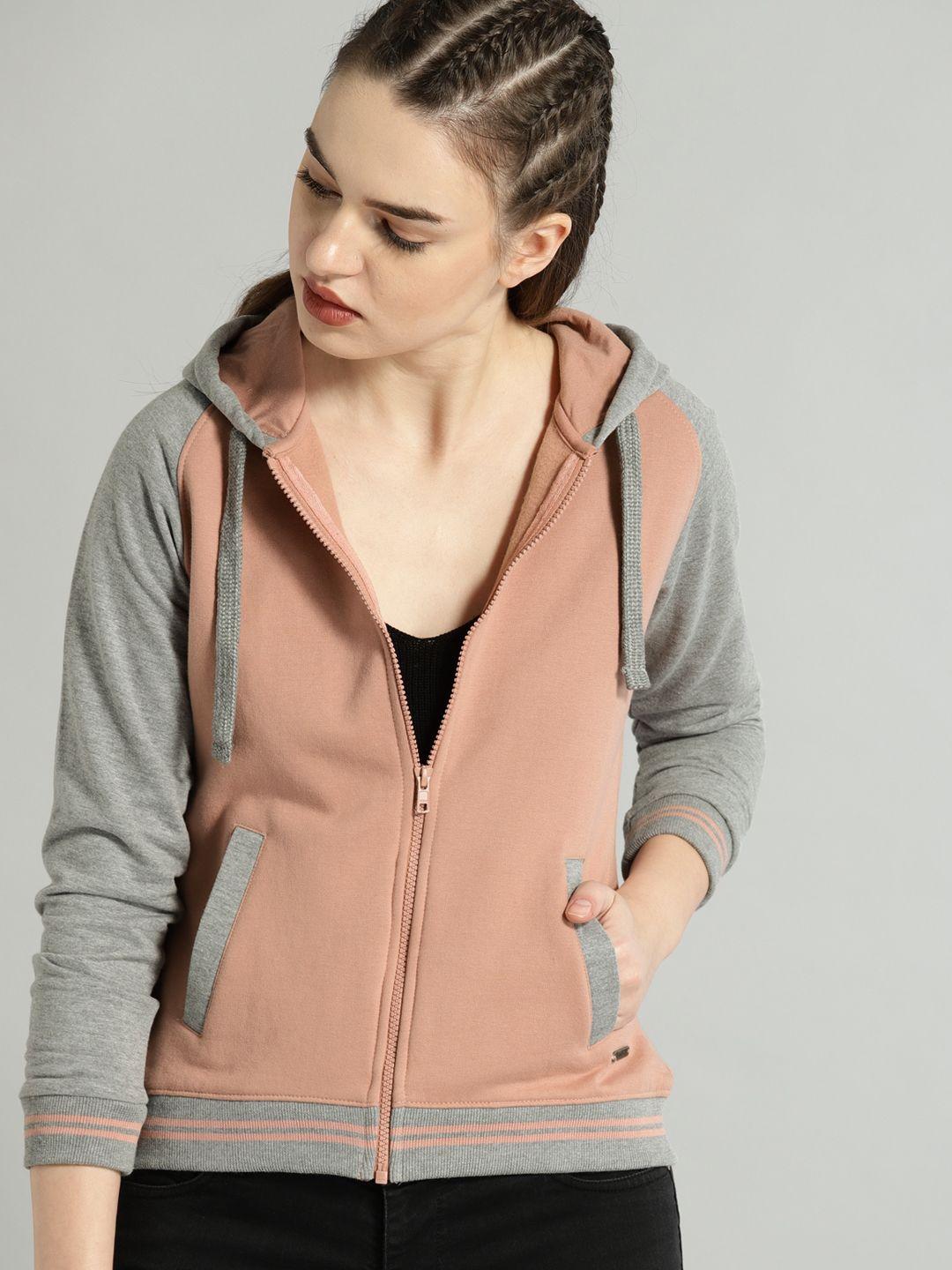 roadster women pink & grey colourblock hooded sweatshirt