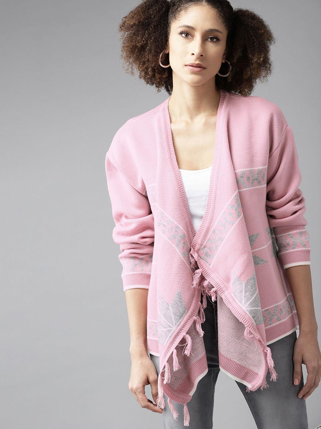roadster women pink & grey melange woven design front-open sweater