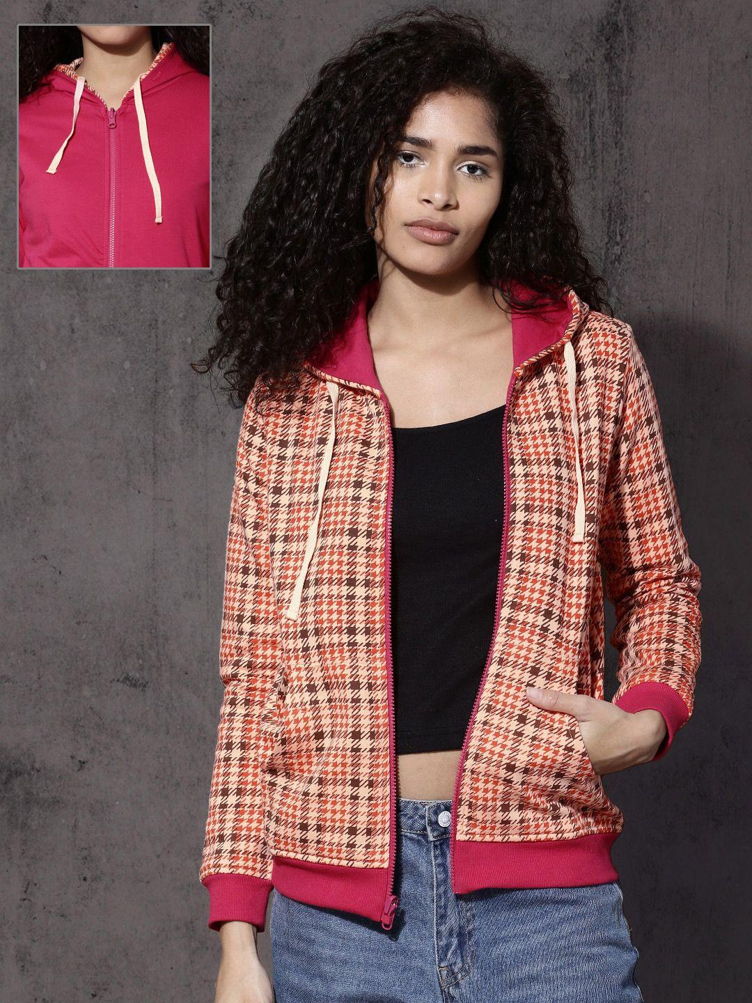 roadster women pink & red checked reversible hooded sweatshirt