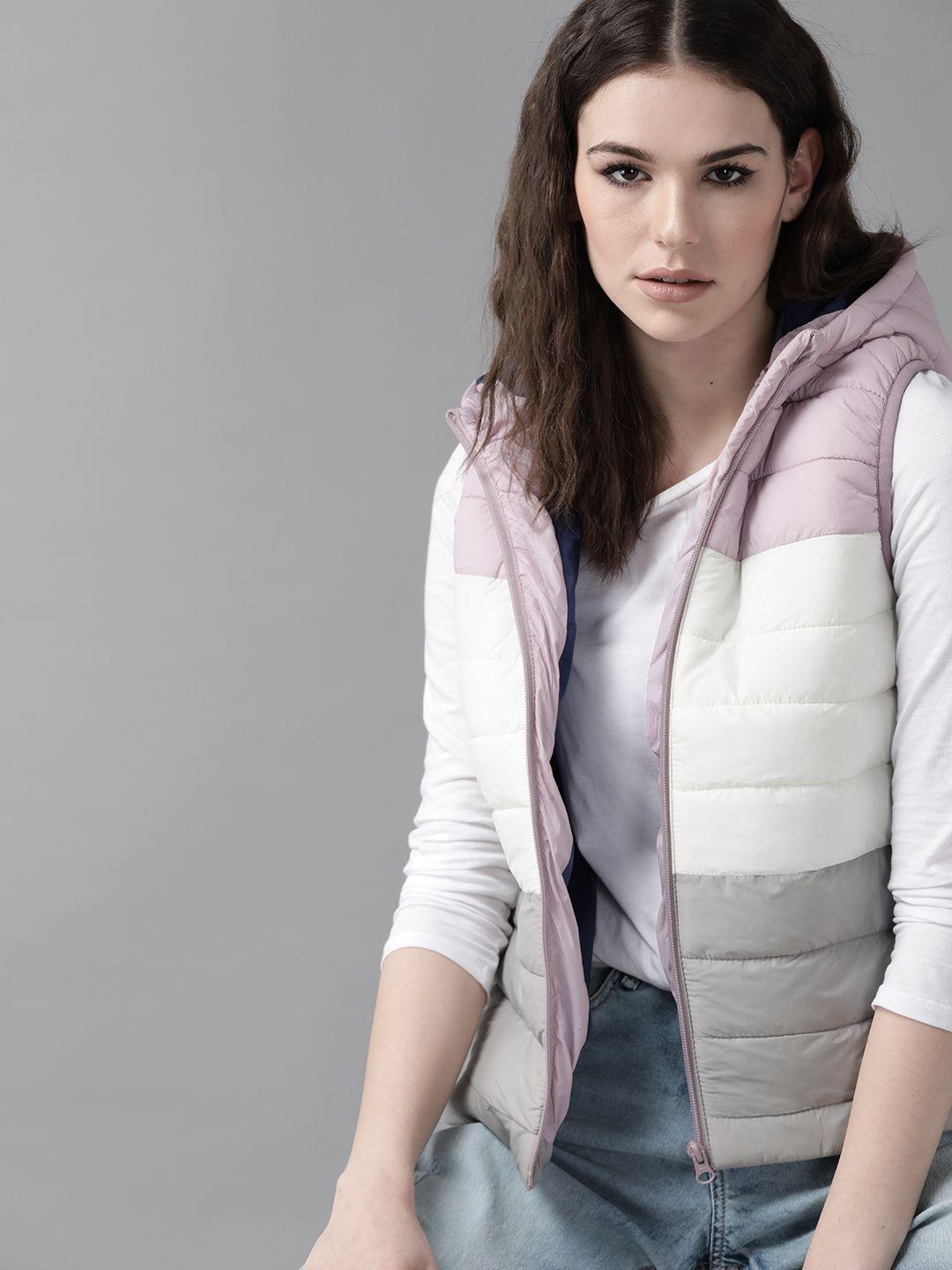 roadster women pink & white colourblocked hooded puffer jacket