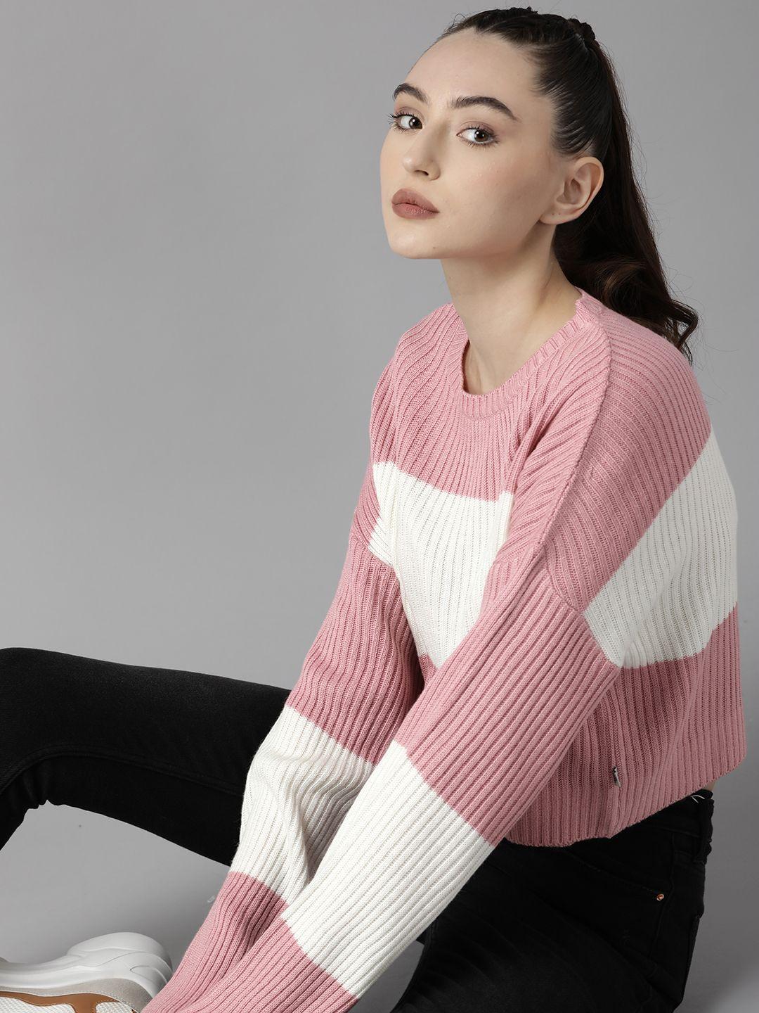 roadster women pink & white colourblocked pullover sweater